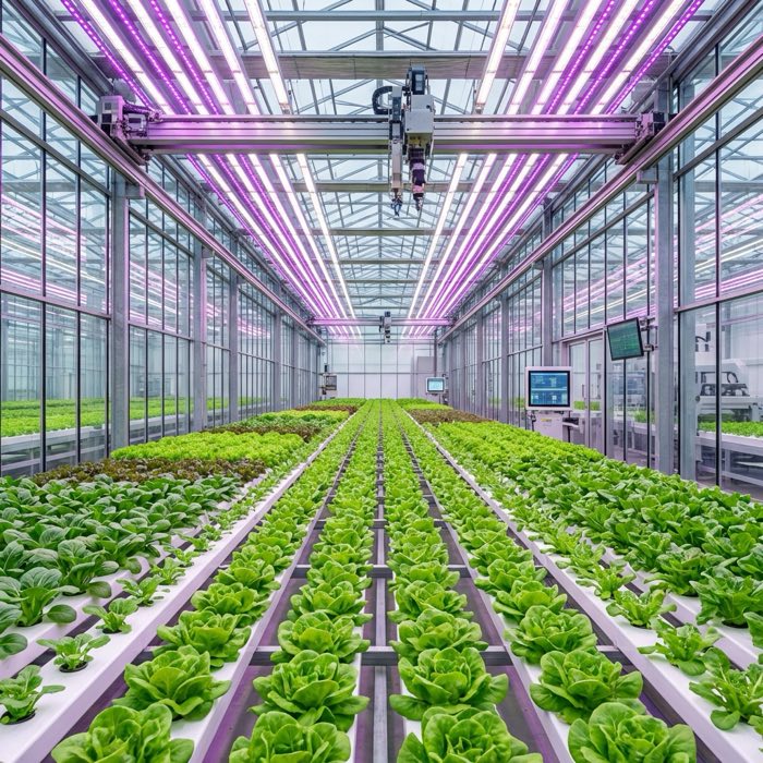 Cultivo vegetal bajo iluminación en un ambiente controlado.