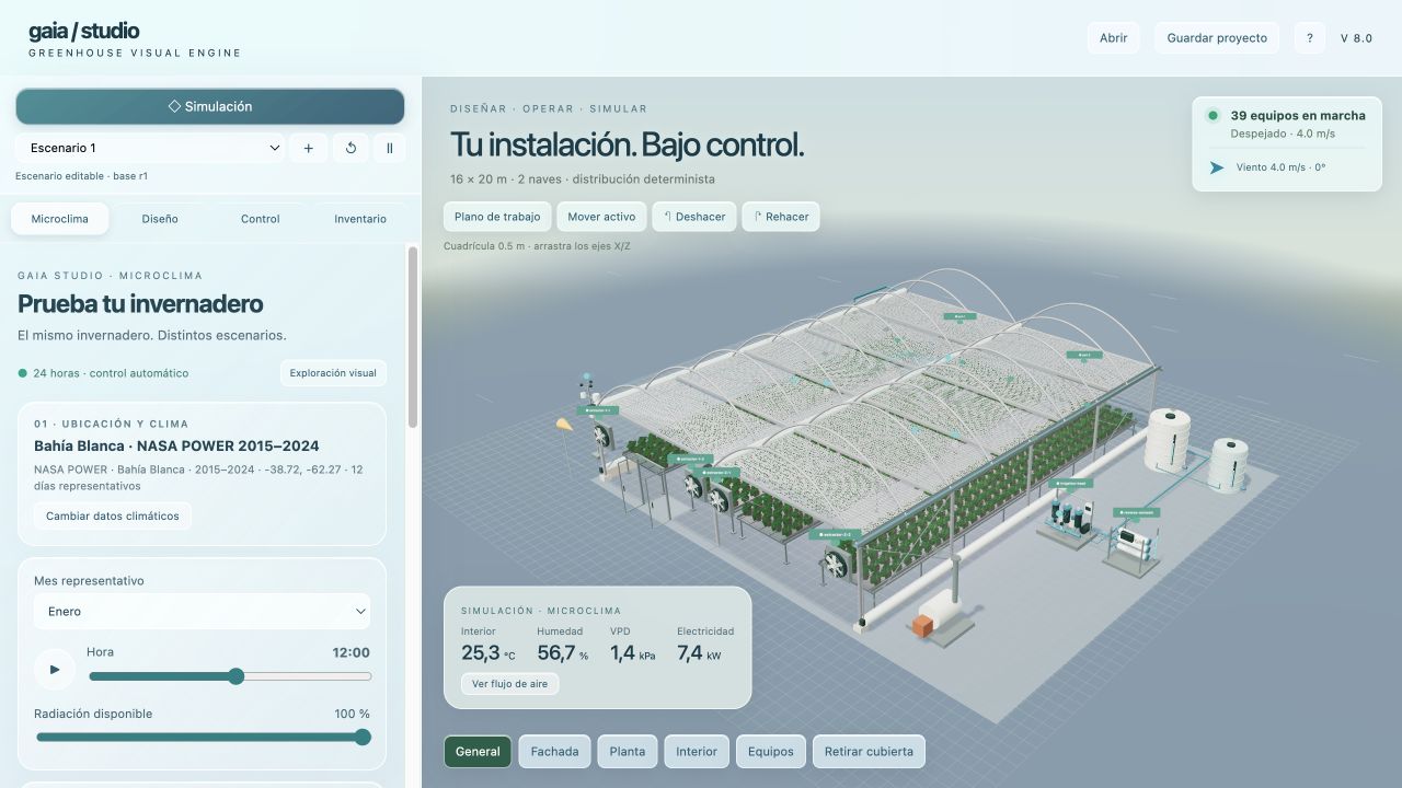 Captura de Gaia Studio v8 con el invernadero 3D y los resultados de un escenario de referencia de Bahía Blanca