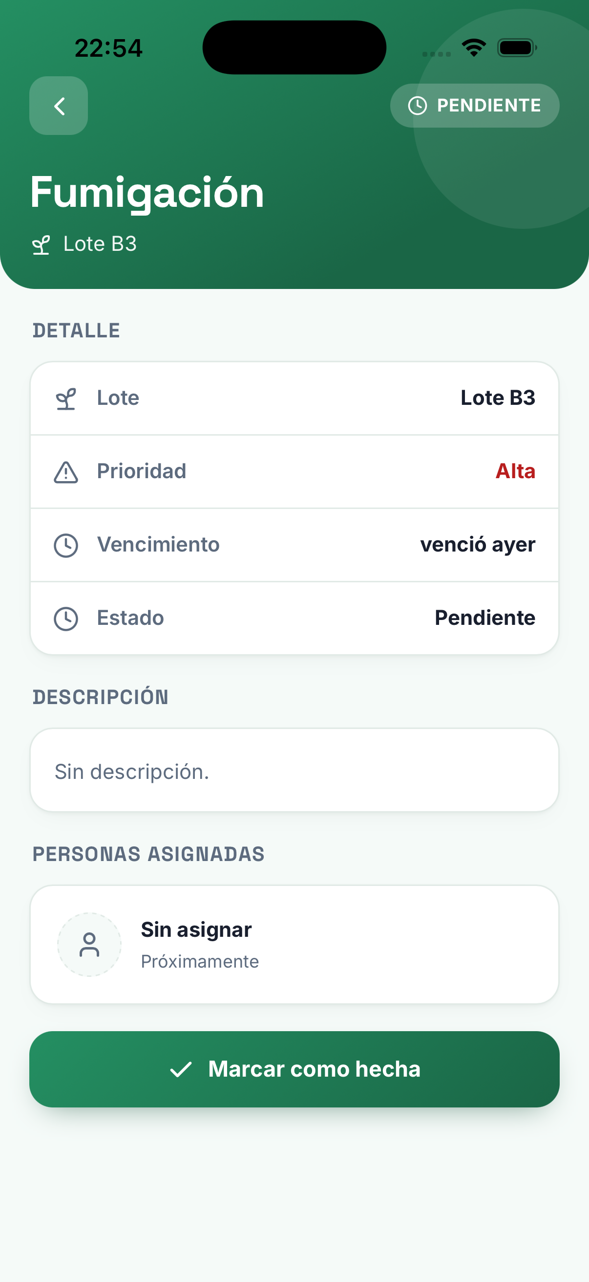 Detalle de una tarea en la app